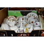 TWO BOXES OF CERAMICS, METALWARES AND HANDBAGS, to include twenty pieces of Royal Worcester