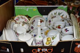 TWO BOXES OF CERAMICS, METALWARES AND HANDBAGS, to include twenty pieces of Royal Worcester