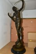 A BOXED REPRODUCTION BRONZE OF DIANA THE HUNTER, with bow and hound, on a marble style plinth,