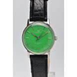 A GENTLEMENS 'OMEGA SEAMASTER' WRISTWATCH, hand wound movement, round green dial signed 'Omega