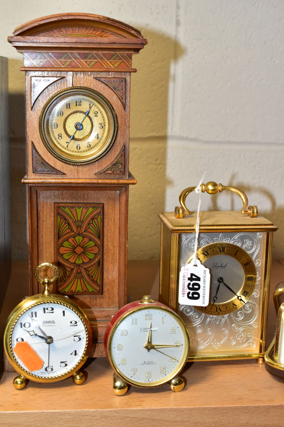 A GROUP OF SIX VARIOUS CLOCKS, comprising a late 19th century miniature longcase clock, height 27. - Image 6 of 6
