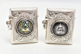 TWO SILVER MASONIC VESTAS, each set with a circular enamel Masonic emblem, with foliate