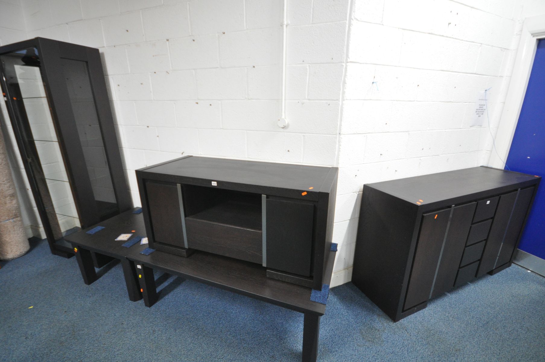 THREE VARIOUS QUBA OAK BLACK STAINED FURNITURE, to include a sideboard with double cupboard doors