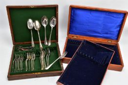 A CANTEEN OF CUTLERY AND EMPTY CANTEEN BOX, two wooden canteens one complete with plated table forks