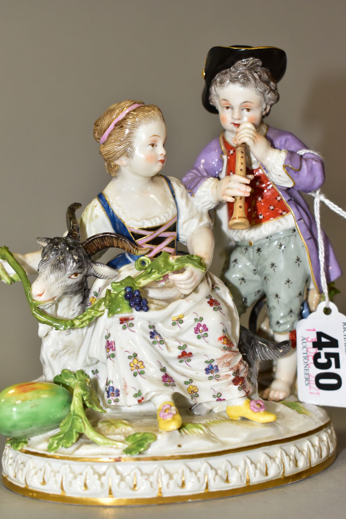 A LATE 19TH CENTURY MEISSEN FIGURE GROUP OF A BOY AND A GIRL WITH A GOAT, the boy playing a wind - Image 5 of 11
