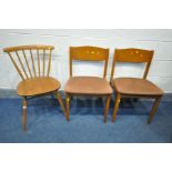 AN ERCOL MODEL 449 ELM AND BEECH WINDSOR BOW TOP CHAIR, along with two stateroom teak chairs (3)