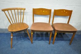 AN ERCOL MODEL 449 ELM AND BEECH WINDSOR BOW TOP CHAIR, along with two stateroom teak chairs (3)