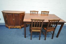 A MAHOGANY DINING TABLE, width 150cm x depth 87cm x height 89cm, with four matching chairs, and a