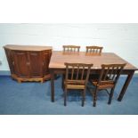 A MAHOGANY DINING TABLE, width 150cm x depth 87cm x height 89cm, with four matching chairs, and a