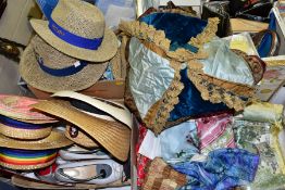 FOUR BOXES AND LOOSE MENS AND LADIES HATS, HANDBAGS, SHOES, SCARVES AND HOUSEHOLD LINENS, to include