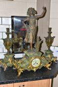 A LATE 19TH CENTURY GREEN ONYX, BRONZED SPELTER AND GILT METAL CLOCK GARNITURE, the clock with