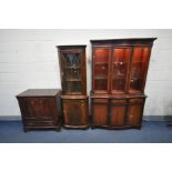 A MAHOGANY TRIPLE GLAZED DISPLAY CABINET, width 118cm x depth 42cm x height 192cm, a mahogany corner