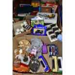 THREE BOXES OF TOYS AND GAMES, to include a box of O gauge Hornby train track, vintage and modern