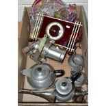 A BOX OF TRIBAL NECKLACES AND BEADWORK, THEATRE STAGE LIGHT, CLOCK AND METALWARES, to include a