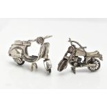 TWO WHITE METAL MINIATURE MOTORCYCLE FIGURINES, one with very rubbed stamps, the other unmarked