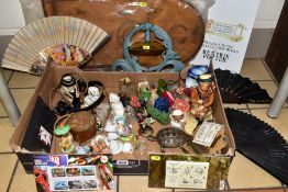 A BOX OF CERAMICS, GLASS, METALWARE, THREE ROYAL MINT STAMP PACKS, A BAGATELLE BOARD, ETC, including