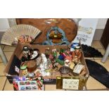 A BOX OF CERAMICS, GLASS, METALWARE, THREE ROYAL MINT STAMP PACKS, A BAGATELLE BOARD, ETC, including