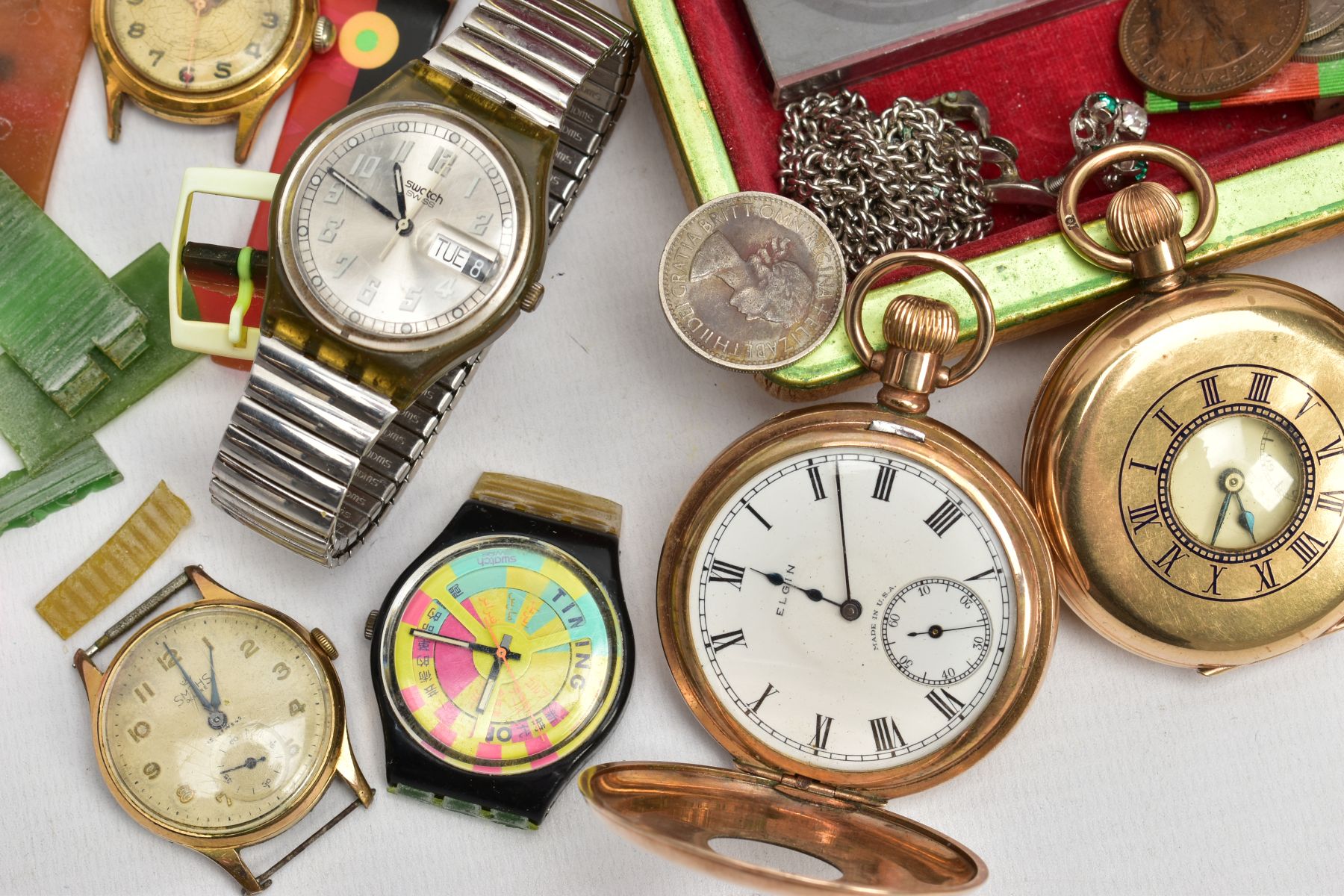 AN ASSORTMENT OF WATCHES AND COINS, to include three gold plated pocket watches all with white faces - Image 3 of 7