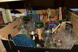 FOUR BOXES AND LOOSE GLASS, KITCHEN WARES, RECORDS AND SUNDRY ITEMS, to include a silver spoon