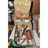 A BOX OF ASSORTED TOOLS AND MONOCULAR, A CANVAS FIRST AID BAG AND A TABLE TOP OAK FOUR DIVISION