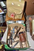 A BOX OF ASSORTED TOOLS AND MONOCULAR, A CANVAS FIRST AID BAG AND A TABLE TOP OAK FOUR DIVISION