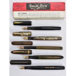 FIVE VINTAGE SWAN FOUNTAIN PENS BY MABIE TODD AND CO. comprising of a boxed black Leverless (