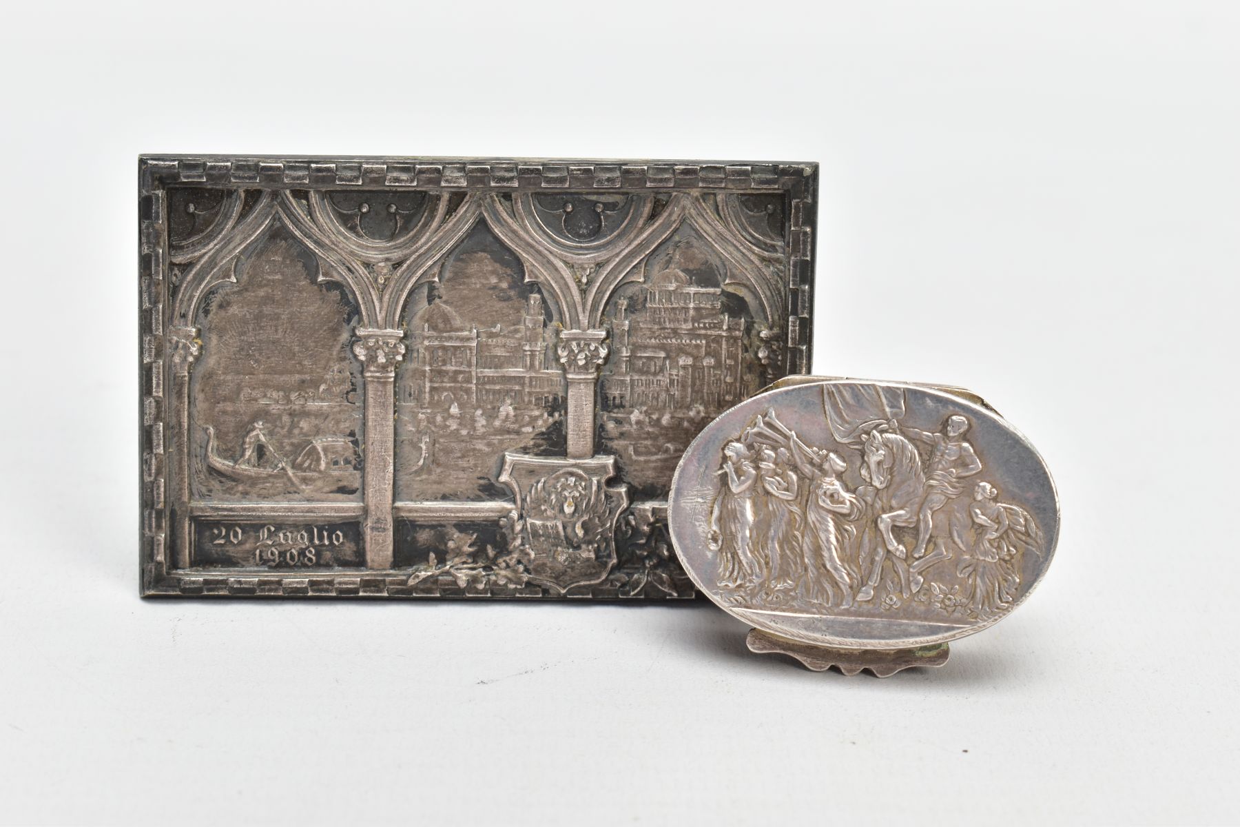 A SILVER BOX AND A PLAQUE, a silver box depicting a man on a horse and women playing instruments, - Image 2 of 4