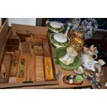 A BOX AND LOOSE PENCIL BOXES, CUTLERY, COINS, CERAMICS AND GLASSWARES, to include eight wooden