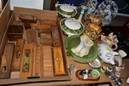 A BOX AND LOOSE PENCIL BOXES, CUTLERY, COINS, CERAMICS AND GLASSWARES, to include eight wooden