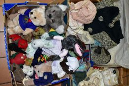 TWO BOXES OF VINTAGE AND MODERN SOFT TOYS ETC, to include hand knitted dolls clothes, a vintage