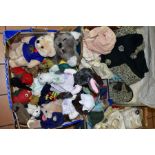 TWO BOXES OF VINTAGE AND MODERN SOFT TOYS ETC, to include hand knitted dolls clothes, a vintage