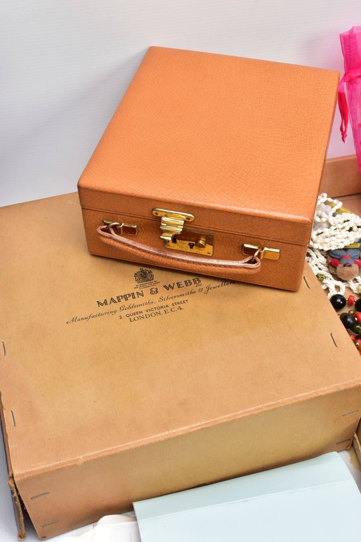 TWO BOXES OF MOSTLY COSTUME JEWELLERY, to include a boxed unused 'Mappin & Webb' tan colour travel - Image 10 of 11
