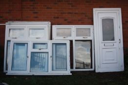FOUR UPVC DOUBLE GLAZED WINDOWS AND A DOOR, three at actual frame width 135cm x height 147cm, one at