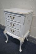 AN OLYMPUS STYLE FRENCH THREE DRAWER BEDSIDE CABINET, width 42cm x depth 34cm x height 69cm (
