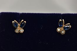 A PAIR OF 9CT GOLD SAPPHIRE AND DIAMOND EARRINGS, each of a butterfly form, set with two marquise