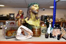 A GROUP OF CERAMICS, GLASS, CHALKWARE AND OTHER ITEMS, to include a large chalkware bust of Jesus