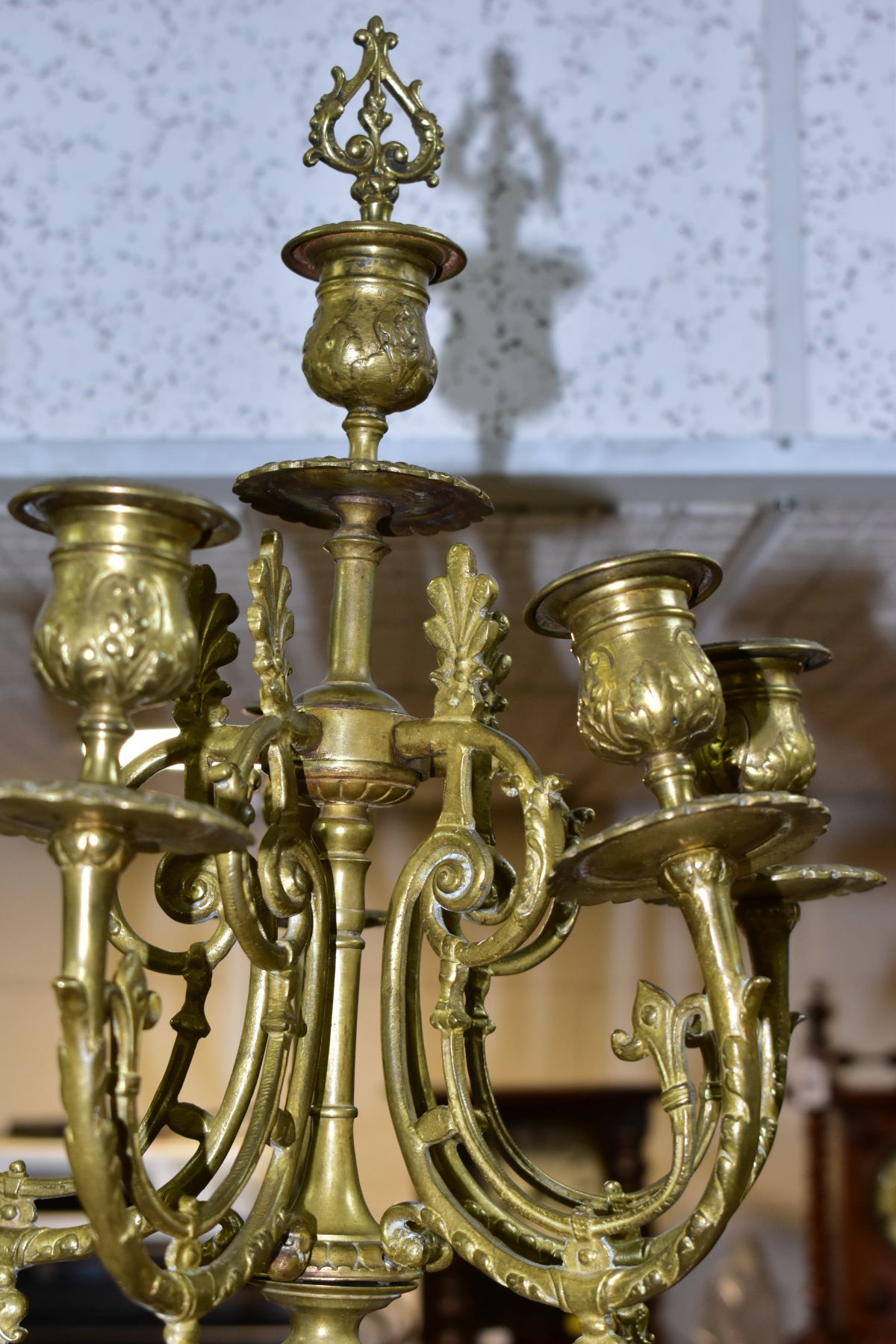 THREE BRASS CANDELABRA, one large candelabrum with five branches around a central sconce, the stem - Image 14 of 15