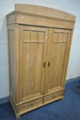 A 19TH CENTURY PINE FRENCH TWO DOOR WARDROBE, with two drawers, width 121cm x 53cm x height 198cm (