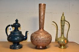 A 19TH CENTURY BLUE GLAZED POTTERY ORNAMENTAL POTTERY TEA POT, domed pierced faux cover above