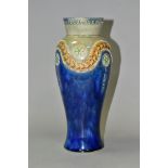 A ROYAL DOULTON STONEWARE VASE, blue, green and brown glazes with raised foliate design and beaded