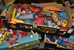 A QUANTITY OF UNBOXED AND ASSORTED PLAYWORN DIECAST VEHICLES, majority are 1970's Corgi Toys in