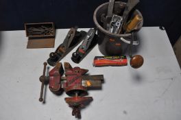 A RECORD AUTO VICE No74 along with two Stanley bailey planes, box of vintage spanners and a bucket