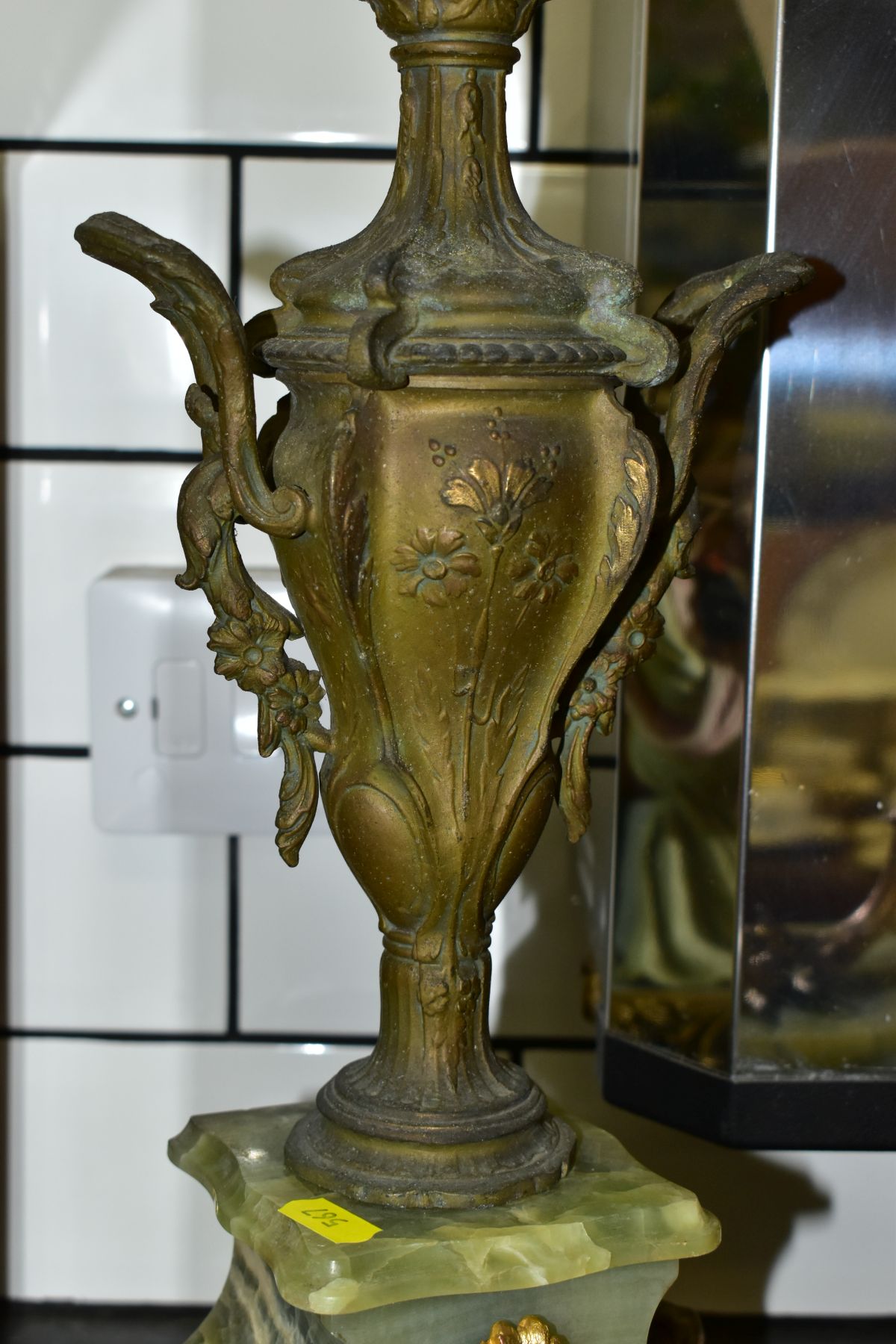 A LATE 19TH CENTURY GREEN ONYX, BRONZED SPELTER AND GILT METAL CLOCK GARNITURE, the clock with - Image 8 of 20