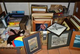 A QUANTITY OF PICTURES AND SUNDRY ITEMS ETC, to include a topographical print of a cricket match