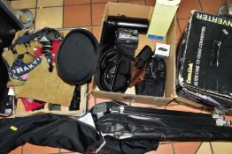 TWO BOXES AND LOOSE PHOTOGRAPHIC EQUIPMENT, BINOCULARS, ETC, including a boxed Camlink slide/cine to