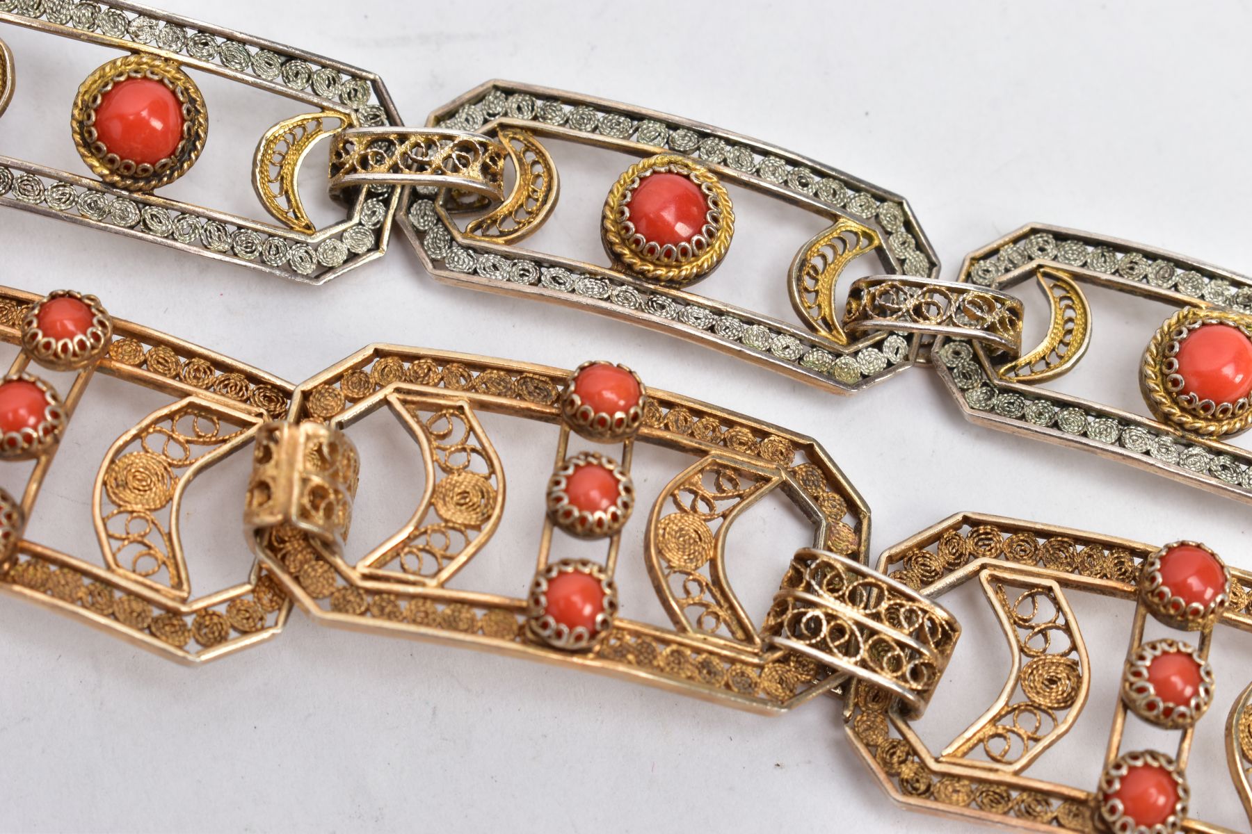 TWO GILT FILIGREE CORAL BRACELETS, the first designed with five rectangular links with cut off - Image 2 of 4