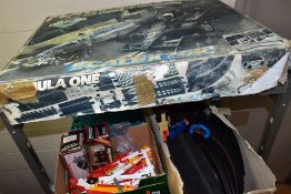 SCALEXTRIC, three boxes of track and cars and accessories