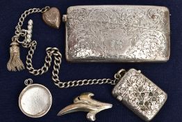 A SILVER CARD CASE, VESTA, ALBERTINA, BROOCH AND FOB MEDAL, the curved rectangular card case, with a