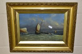 A LATE 19TH CENTURY MARITIME SCENE OF A FISHING BOAT IN CHOPPY WATERS, indistinctly signed and dated
