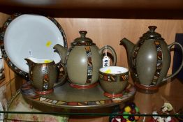 DENBY MARRAKESH, comprising teapot (nibble to base), coffee pot, milk jug, sugar bowl, oval
